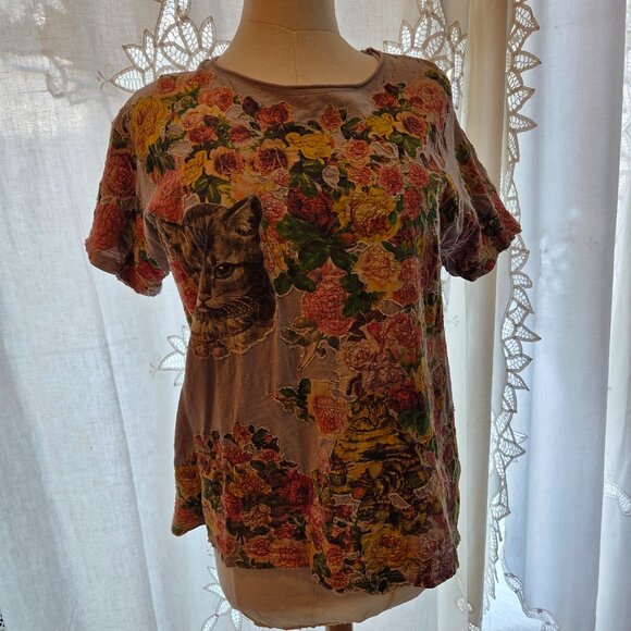 Magnolia Pearl Tops - Magnolia Pearl Pink Heavily Appliqued T-shirt Blouse Cat